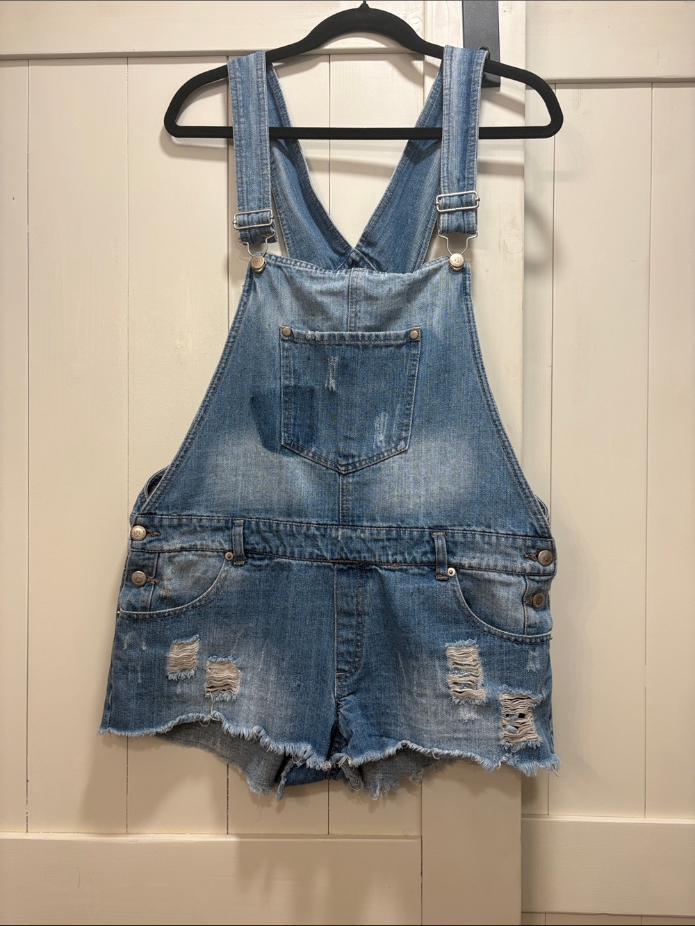 Highway Jeans Distressed Light Blue Denim Short Overalls junior adult size xl.